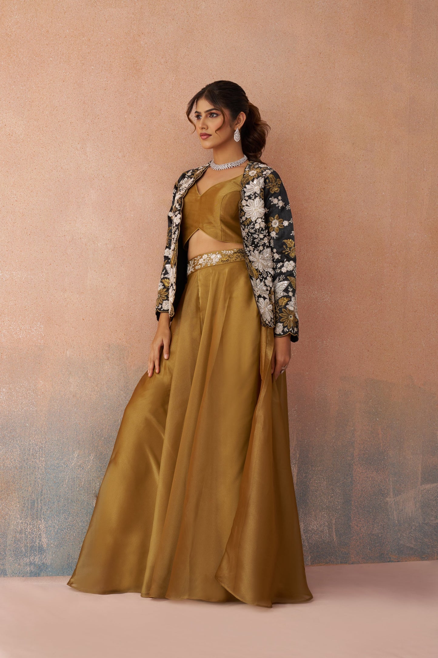 Golden Mustard & Black Tissue Floral Embroidered Festive Crop Top