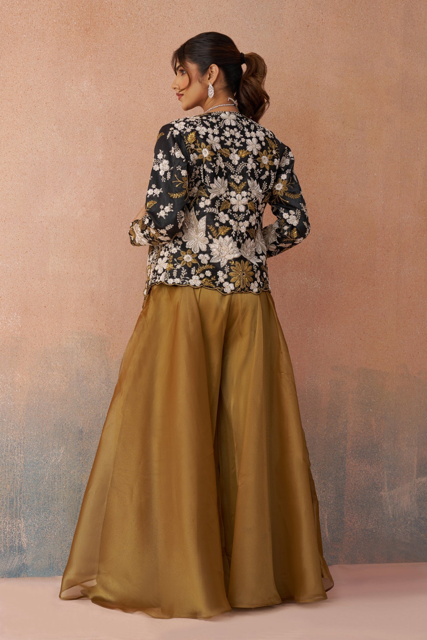 Golden Mustard & Black Tissue Floral Embroidered Festive Crop Top