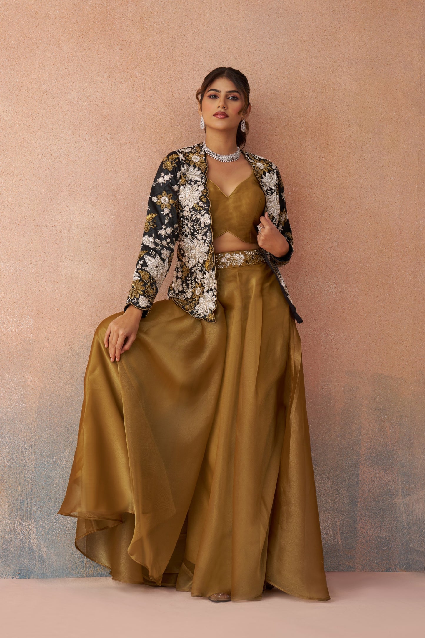 Golden Mustard & Black Tissue Floral Embroidered Festive Crop Top