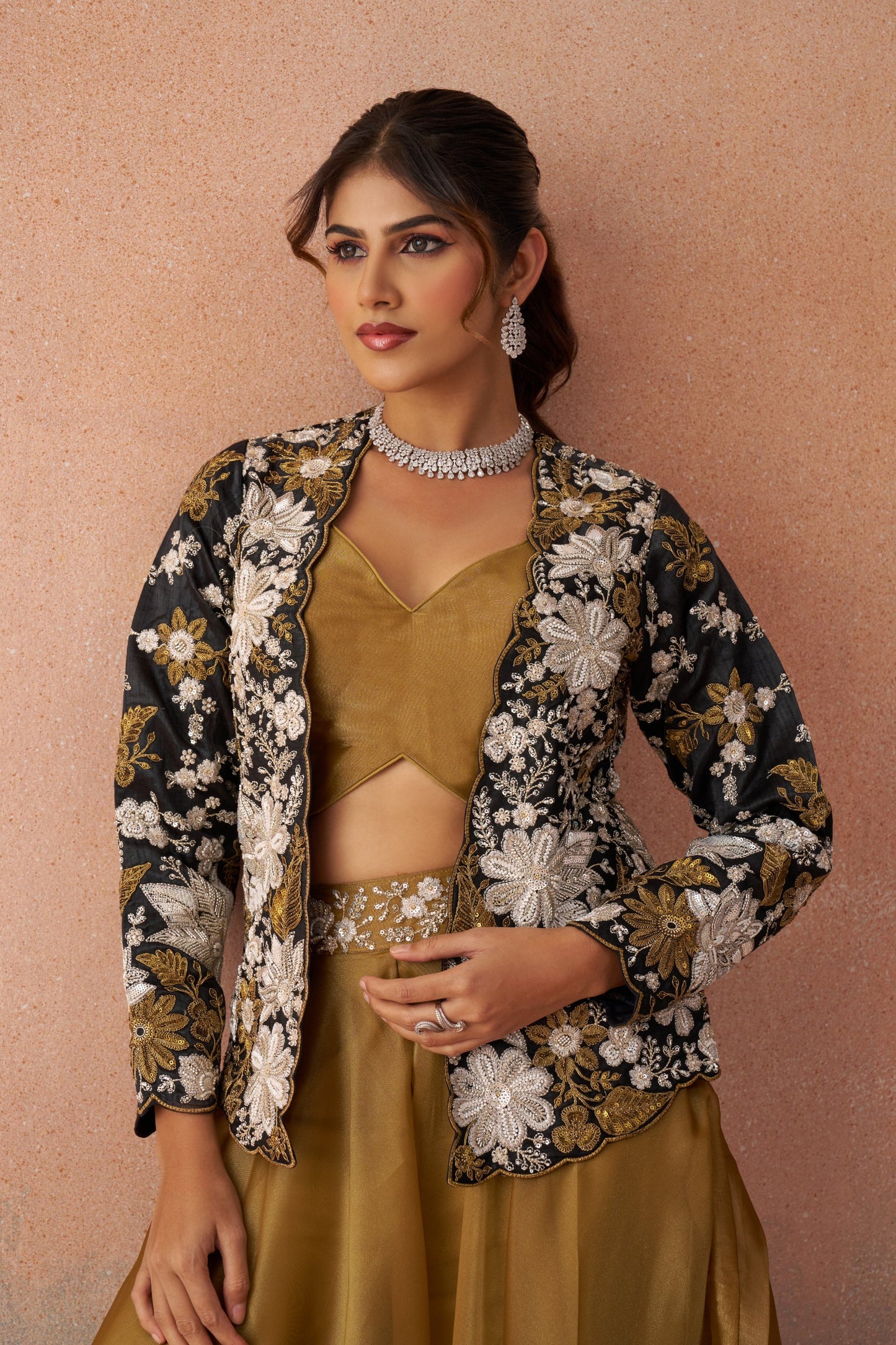 Golden Mustard & Black Tissue Floral Embroidered Festive Crop Top