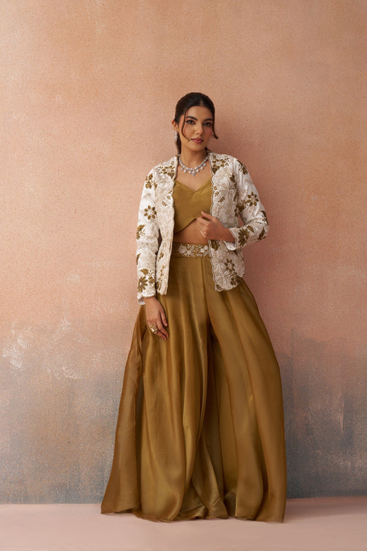 Golden Mustard & White Tissue Floral Embroidered Festive Crop Top