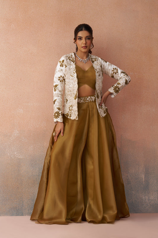 Golden Mustard & White Tissue Floral Embroidered Festive Crop Top