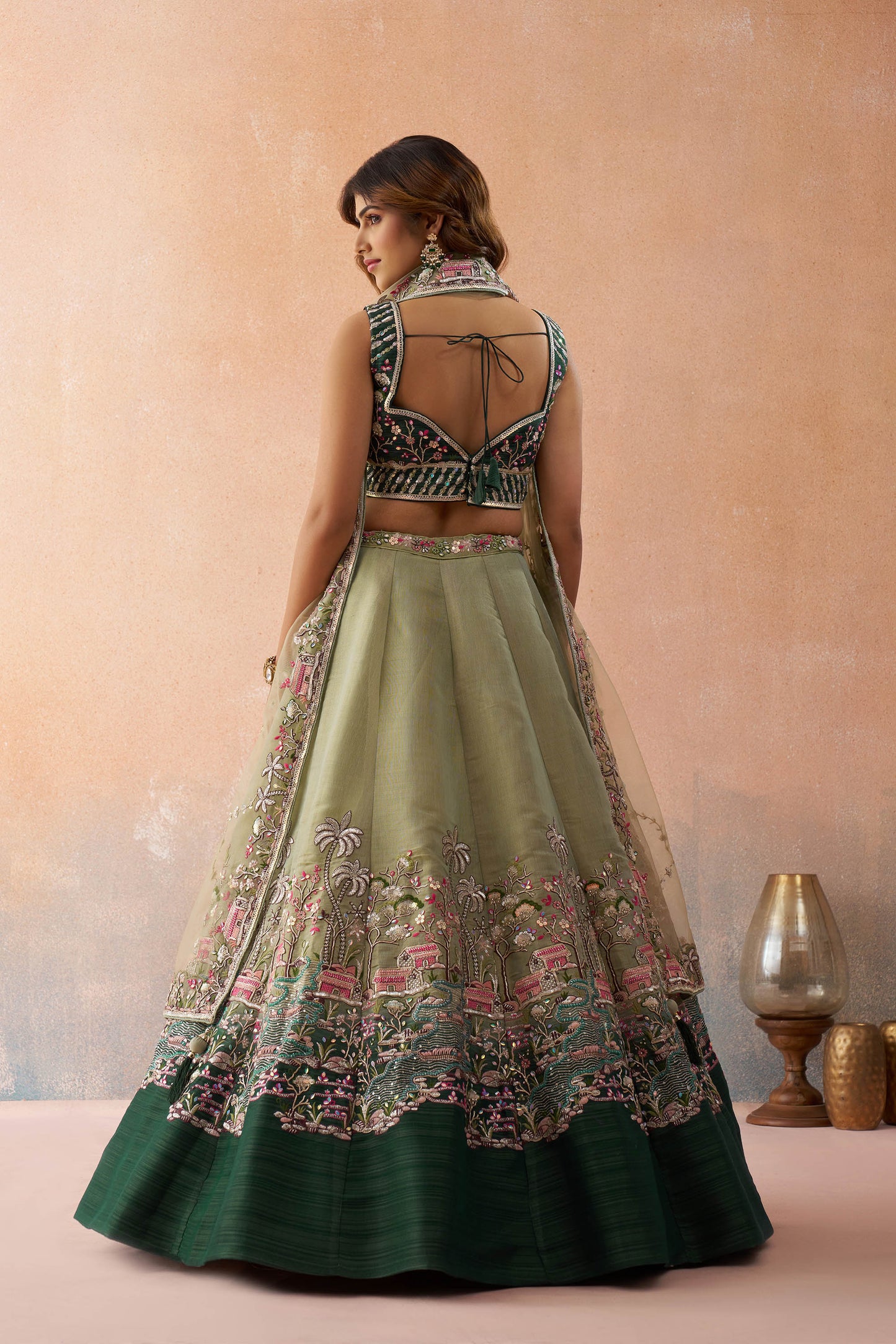 Ombre Green and Lime Green Net Sequins Embroidered Bridal Lehenga choli for Mehendi