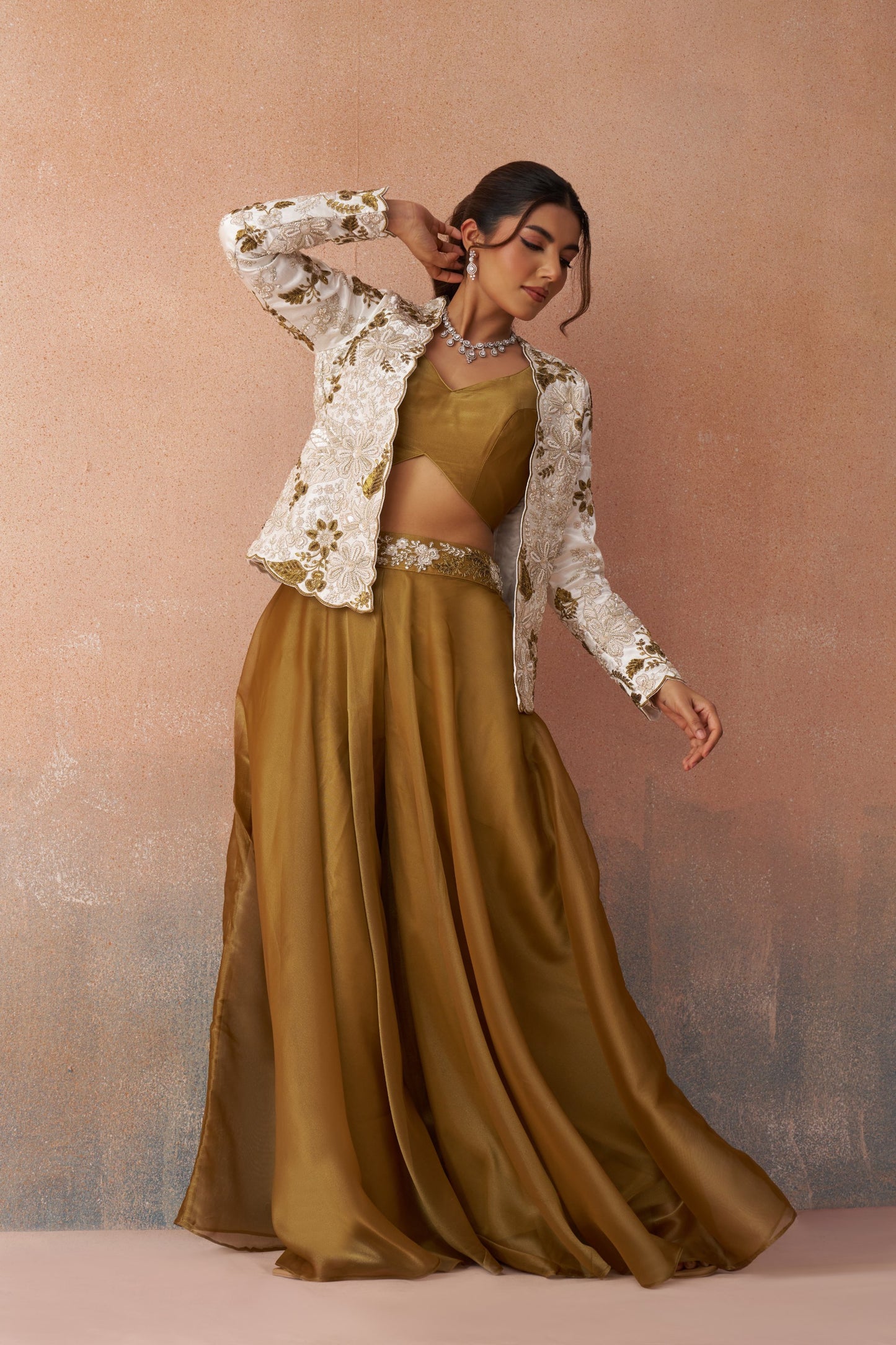 Golden Mustard & White Tissue Floral Embroidered Festive Crop Top