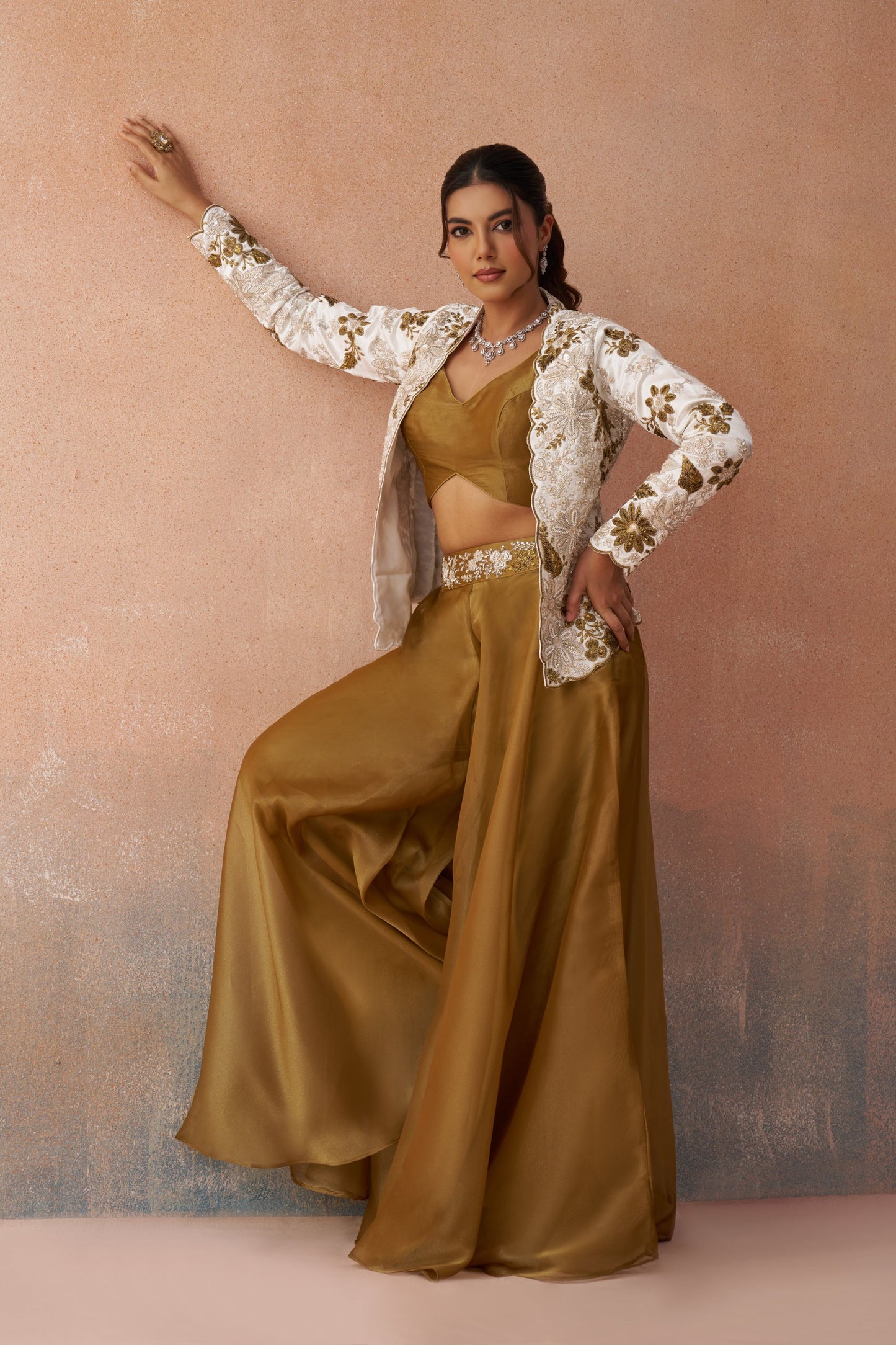 Golden Mustard & White Tissue Floral Embroidered Festive Crop Top