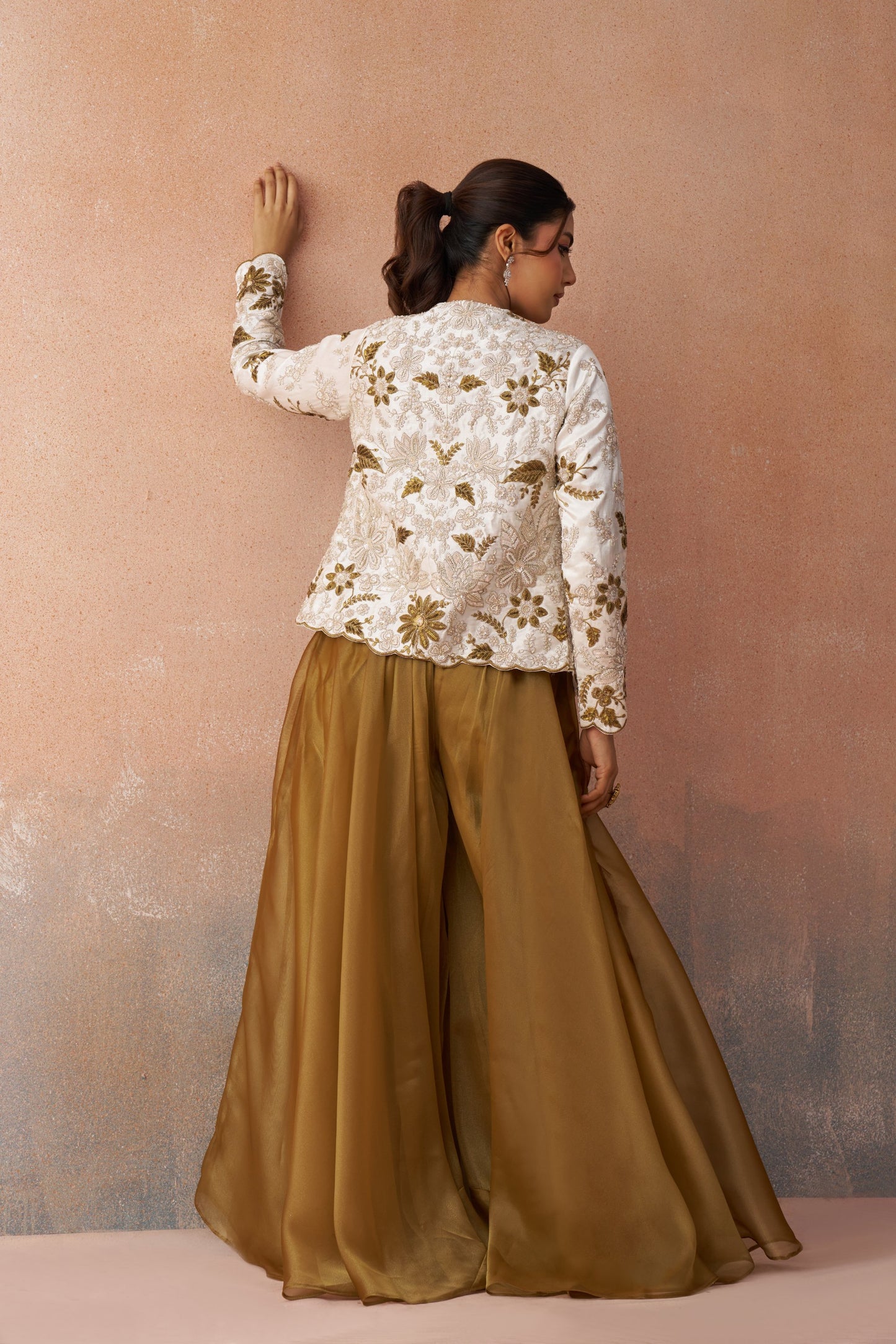 Golden Mustard & White Tissue Floral Embroidered Festive Crop Top