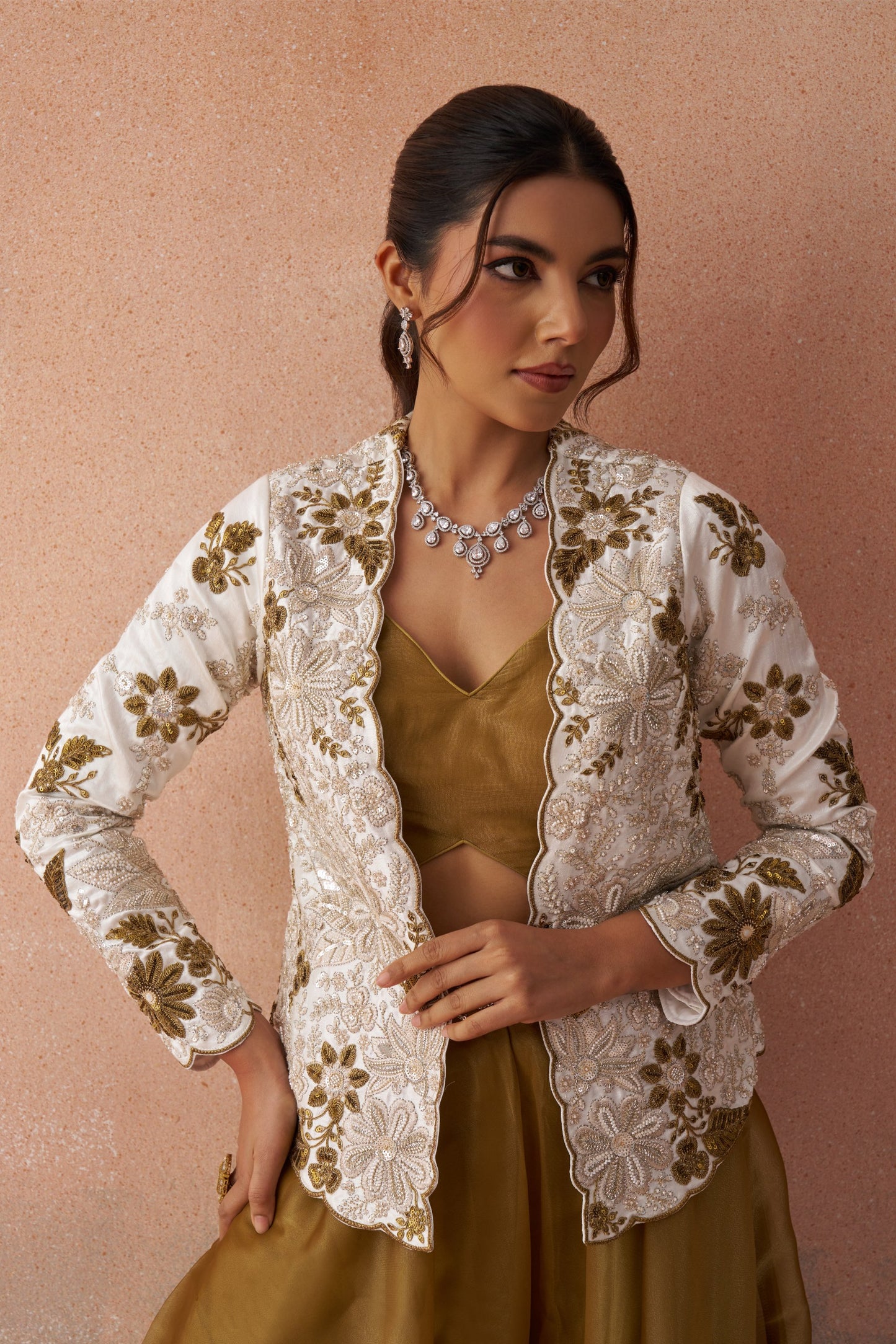 Golden Mustard & White Tissue Floral Embroidered Festive Crop Top