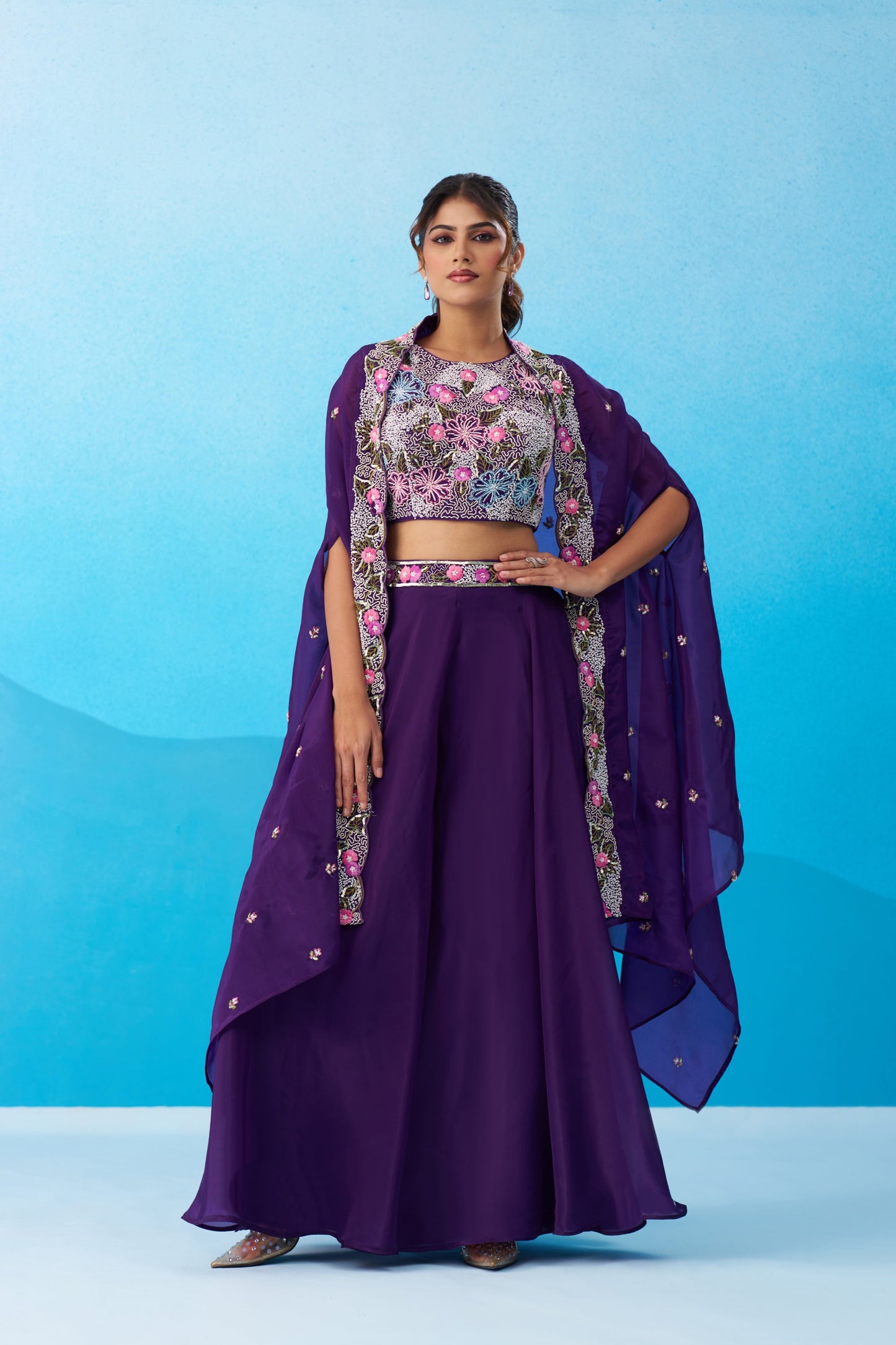 Royal Purple Crepe Beads Embroidered Crop Top with Flared Palazzo Set for Bridesmaid