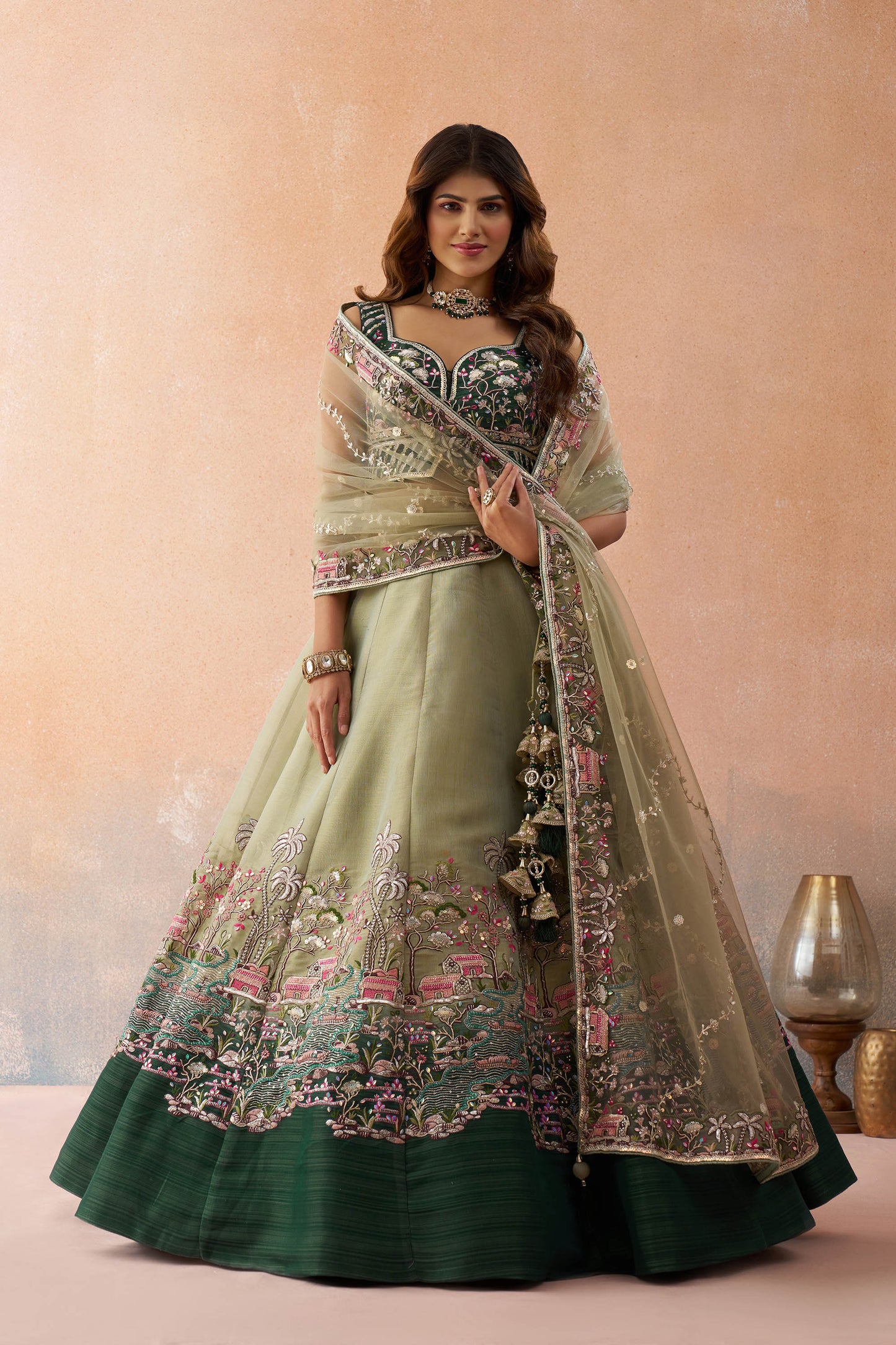 Ombre Green and Lime Green Net Sequins Embroidered Bridal Lehenga choli for Mehendi