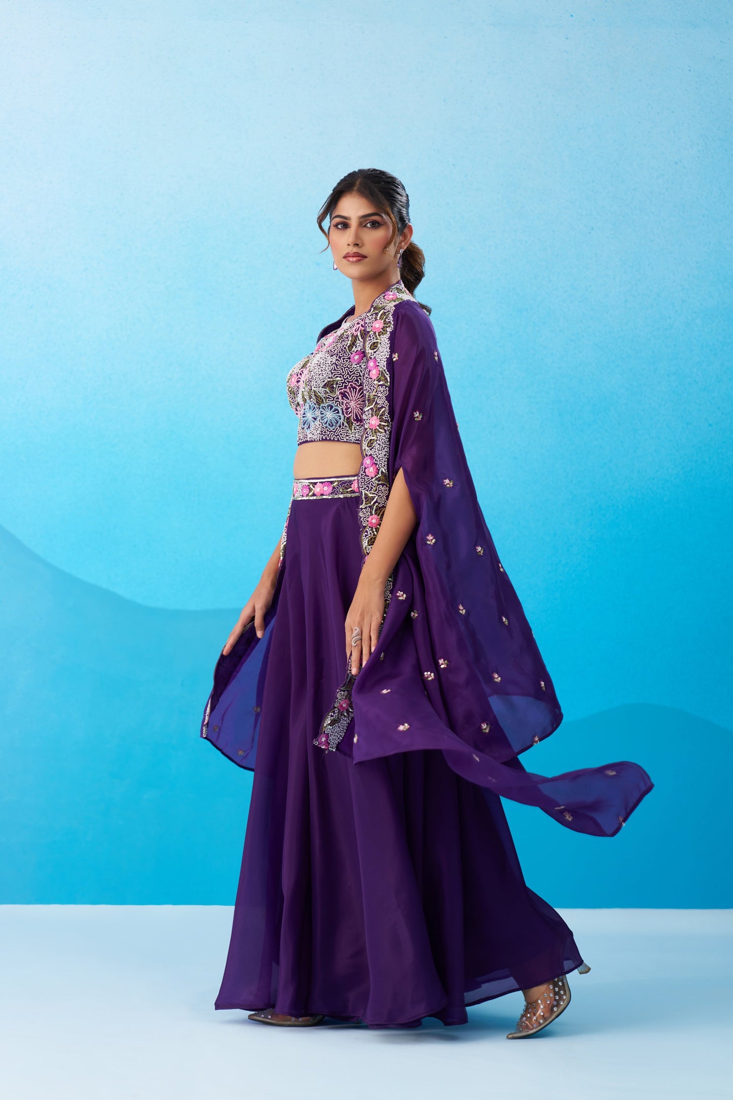 Royal Purple Crepe Beads Embroidered Crop Top with Flared Palazzo Set for Bridesmaid