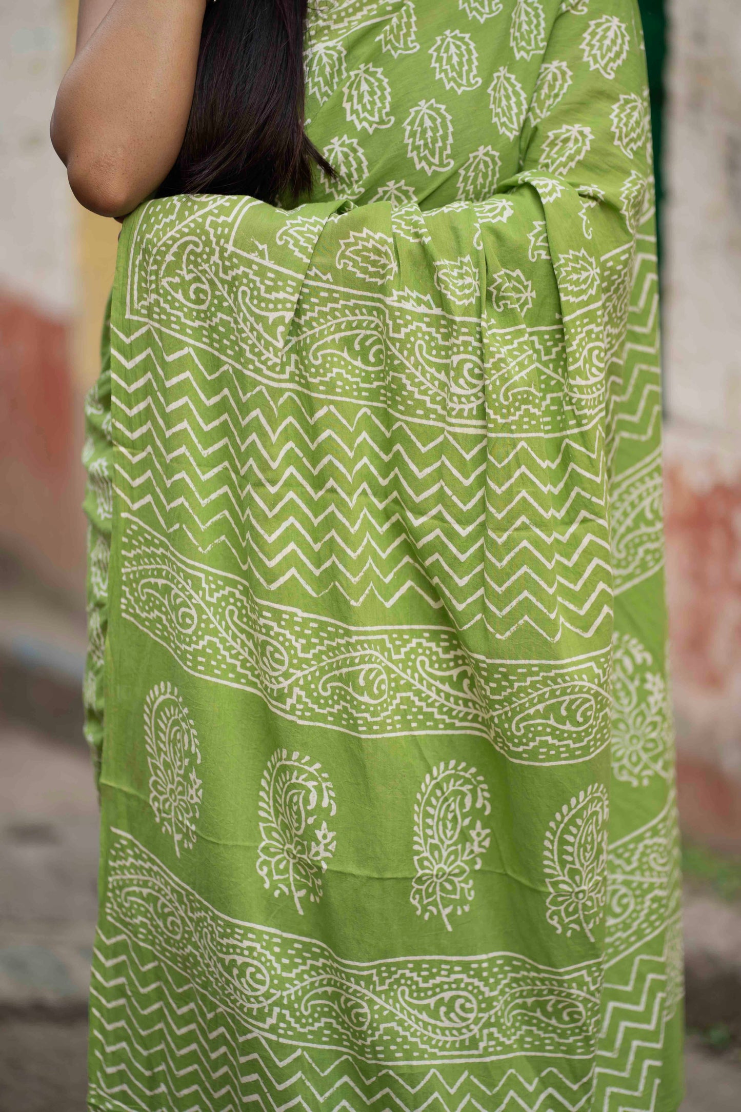 Summer Vacation Collection - Katchi Kairy - Green Handblock Print Natural Dyed - Mulmul Cotton Saree