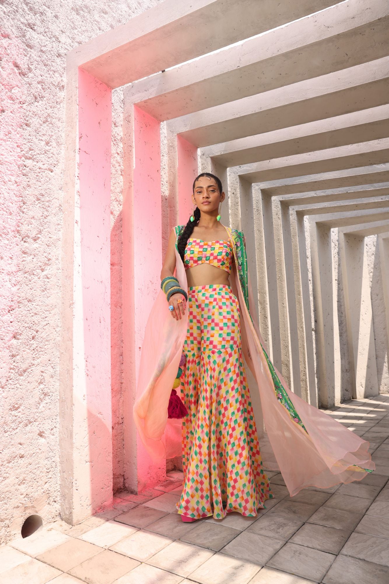Multi-colored Bustier with Light work Shrug & Sharara Pants in Squared Print fabric