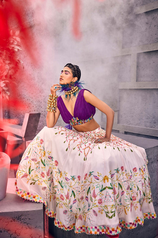 Multi-colored Floral Skirt with Embellished Sequins Top & Dupatta