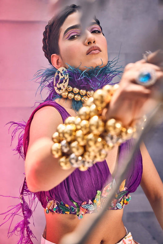 Multi-colored Floral Skirt with Embellished Sequins Top & Dupatta