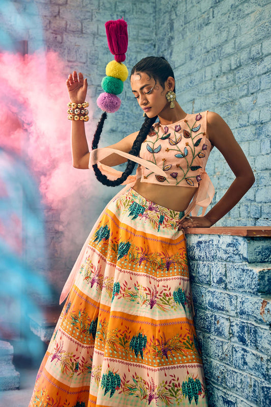 Multi-color Crepe Skirt with Elegant Sequine Work Top