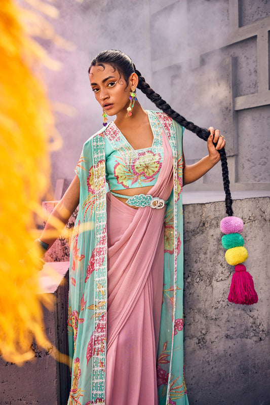 Drape-style Pastel Pink Saree with Cape & Bustier in Teal Blue