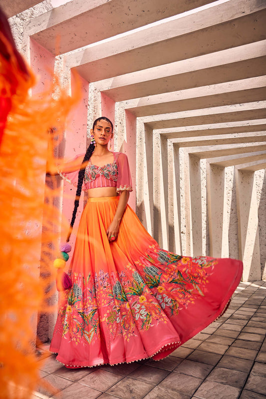 Double shaded Pink & orange floral printed skirt with beautifully hand embroidered corset and tulle cutwork cape