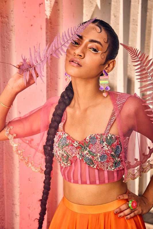 Double shaded Pink & orange floral printed skirt with beautifully hand embroidered corset and tulle cutwork cape