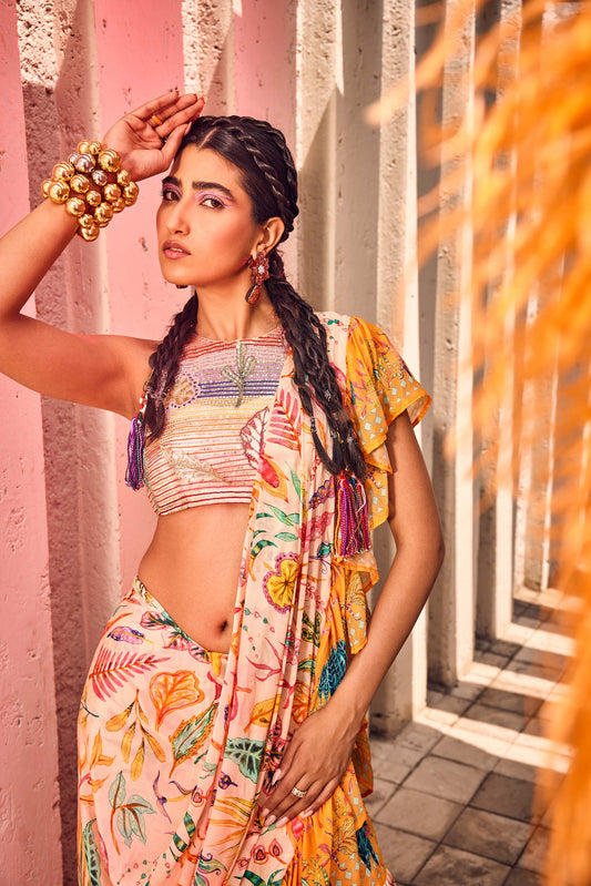 Drape-style Saree with Ruffle details in multi-color floral print