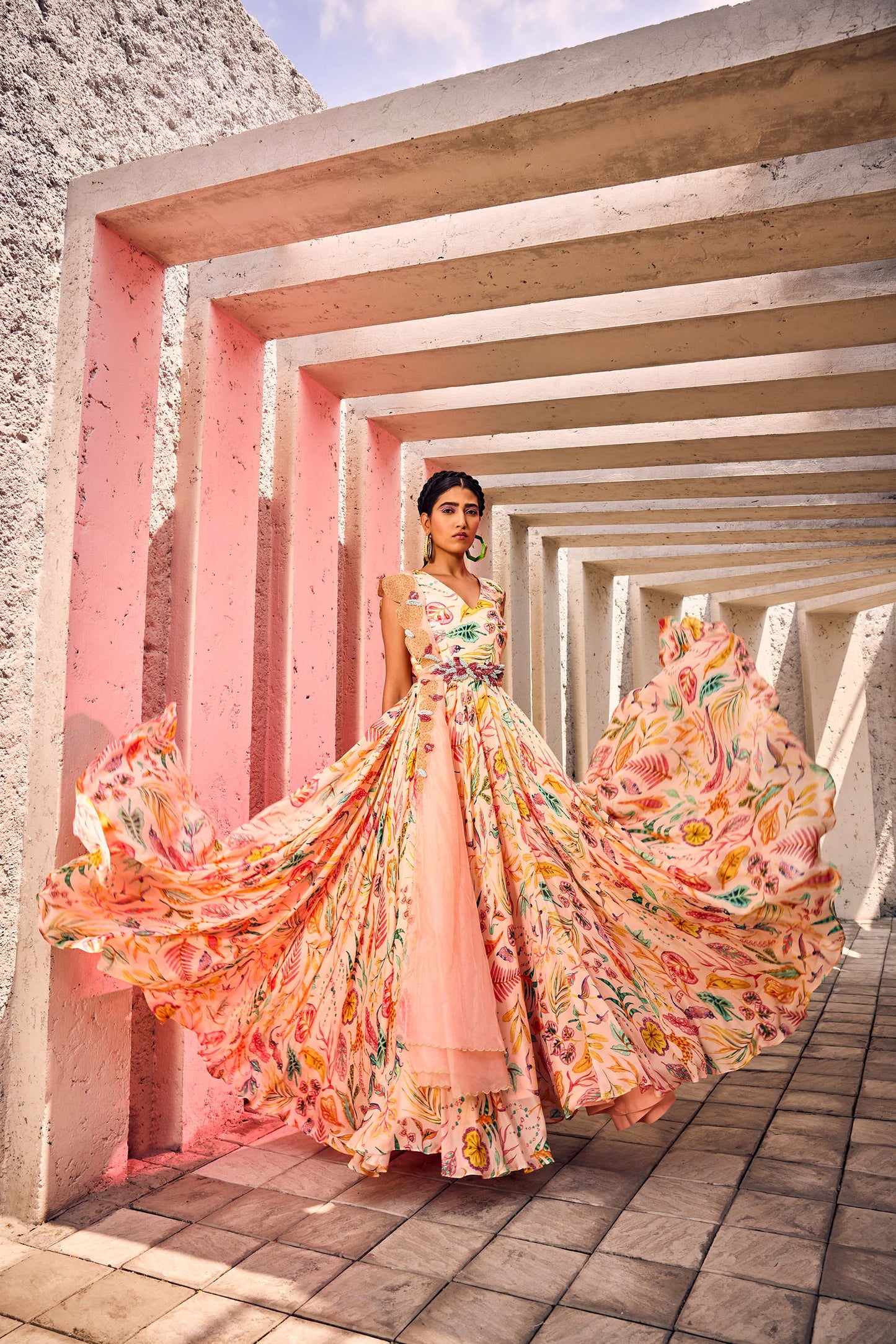 Light Peach Printed Chic Gown with Heavy Belt & Dupatta