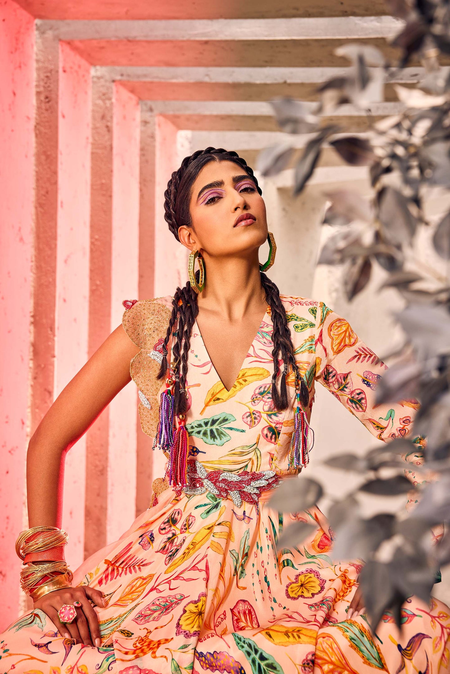 Light Peach Printed Chic Gown with Heavy Belt & Dupatta