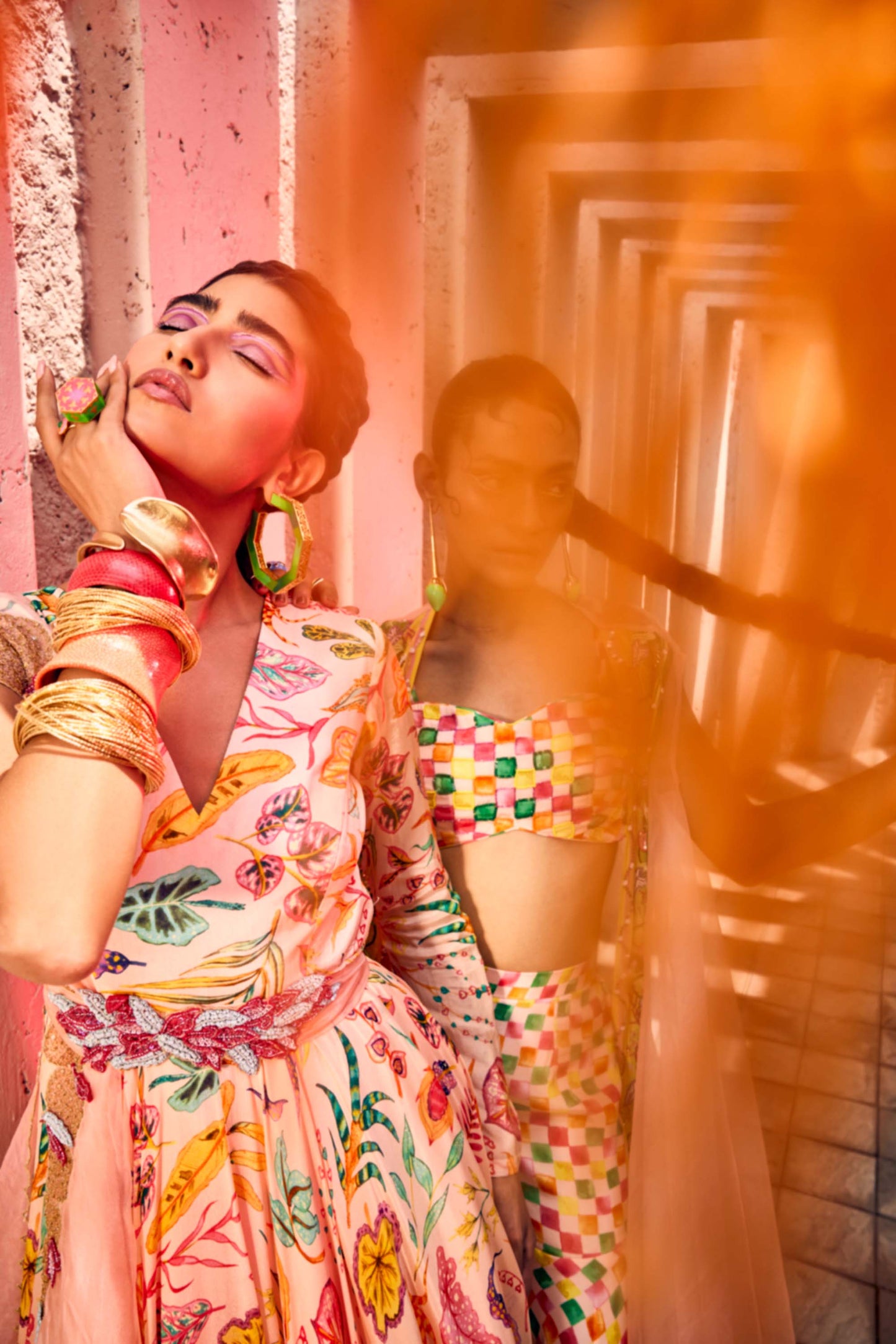 Light Peach Printed Chic Gown with Heavy Belt & Dupatta