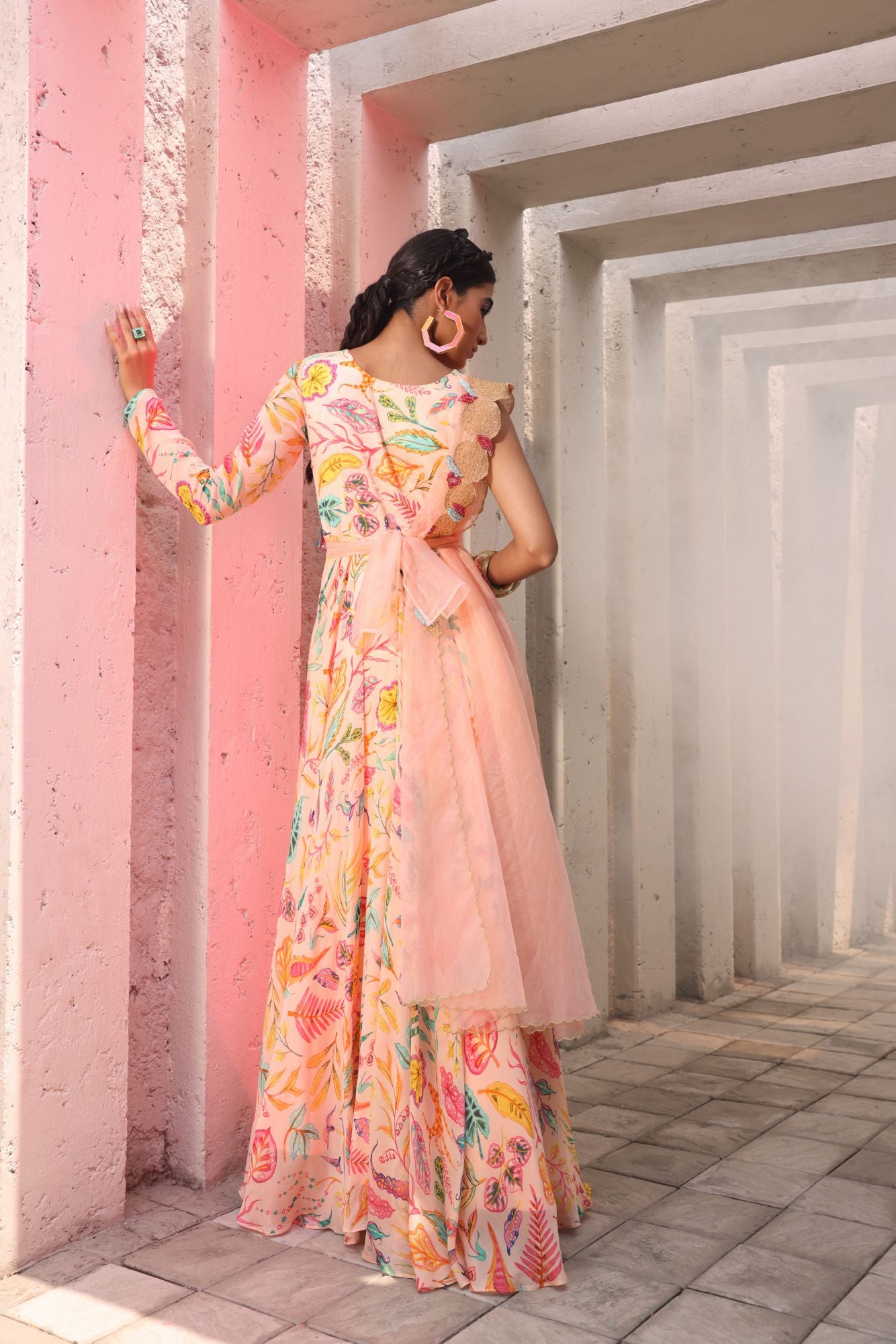 Light Peach Printed Chic Gown with Heavy Belt & Dupatta