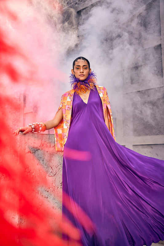 Purple Plain Chic Gown with Digital Print Cape-style Jacket