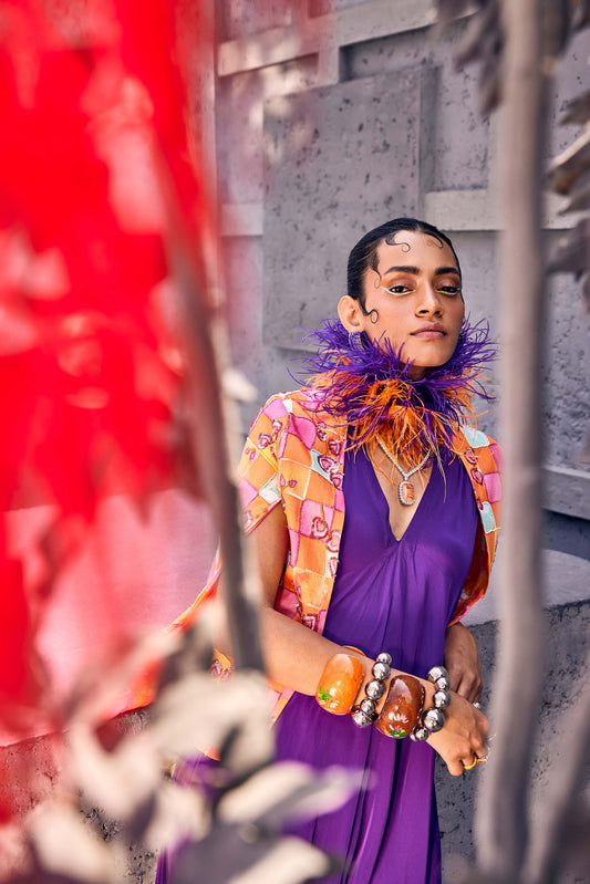 Purple Plain Chic Gown with Digital Print Cape-style Jacket