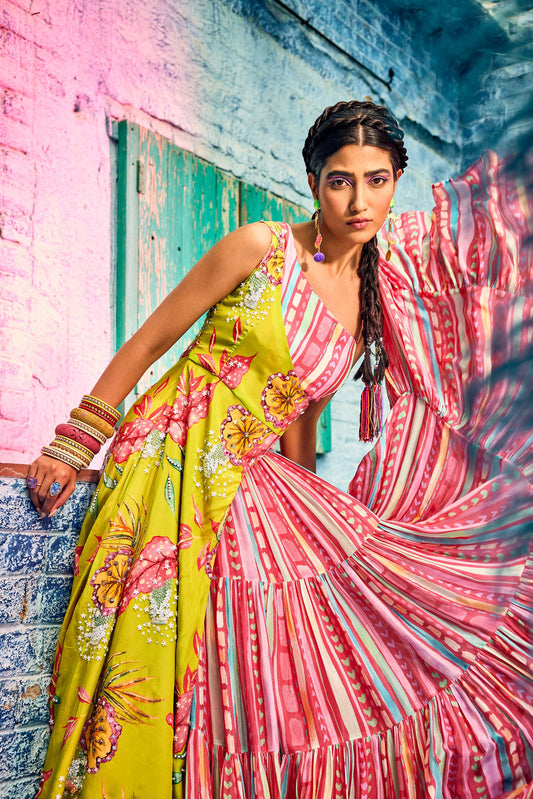 Beautiful candy color digital printed layered skirt with bustier and neon green one sided embroidered cape