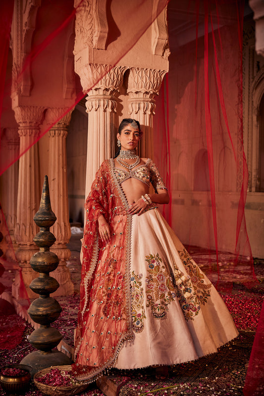 Ivory Embellished Bridal Lehenga with Red Dupatta
