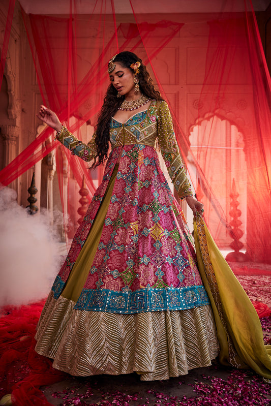 Printed Pink And Mehendi Anarkali with Gharchola Jacket and Skirt