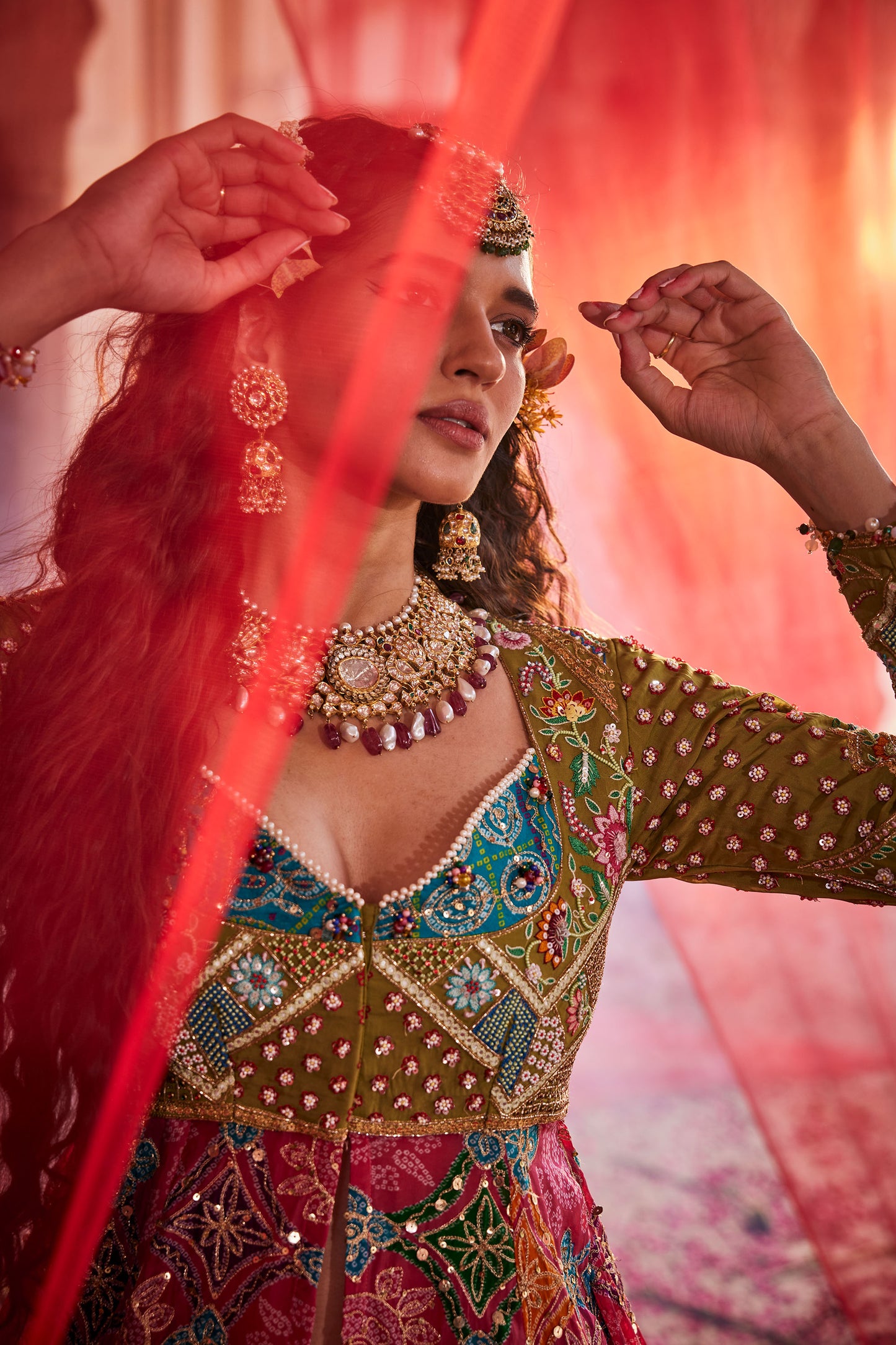 Printed Pink And Mehendi Anarkali with Gharchola Jacket and Skirt