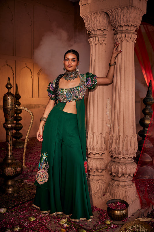 Hand Embroidered Green Sharara with Embellished Front-Cut Kurti