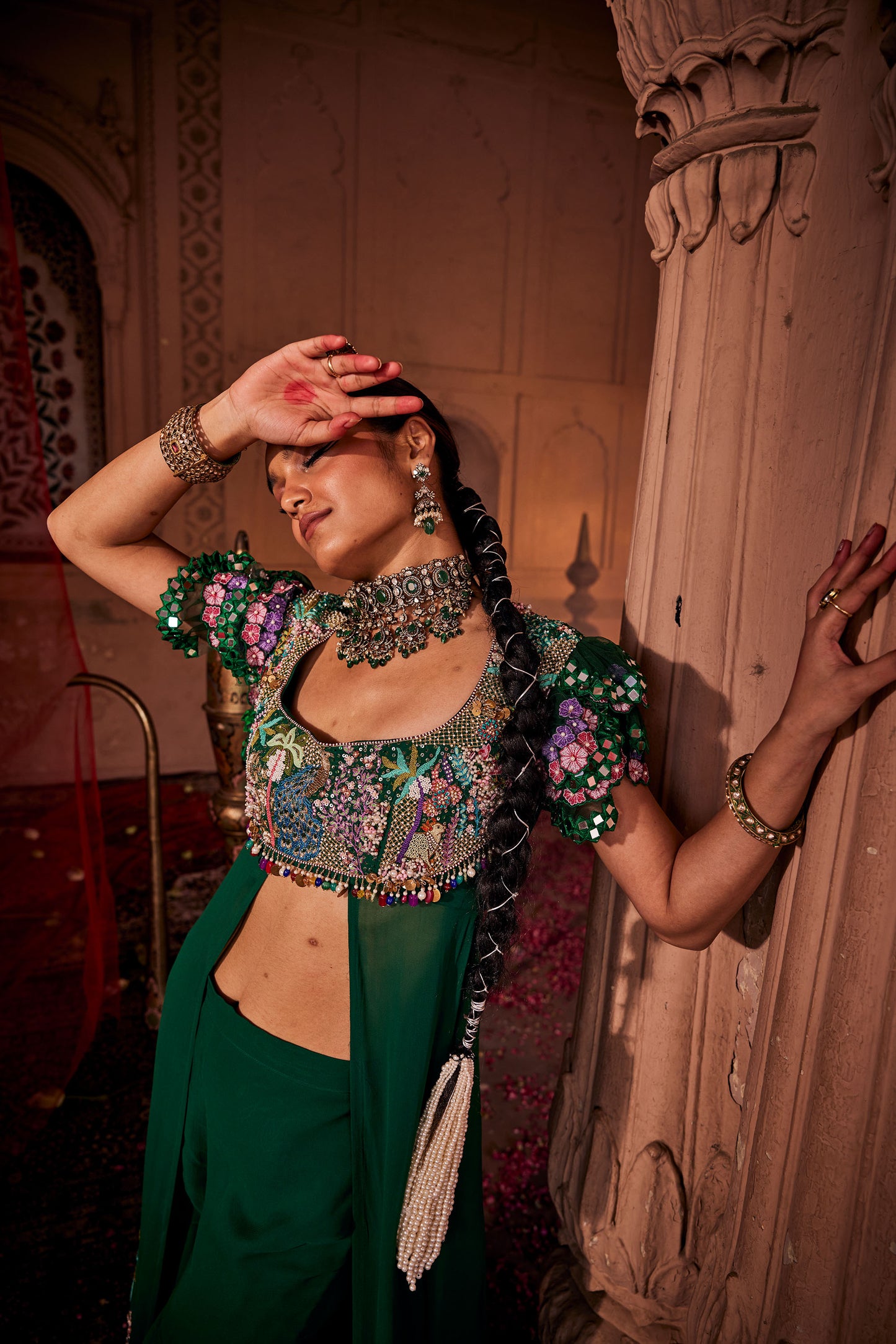 Hand Embroidered Green Sharara with Embellished Front-Cut Kurti