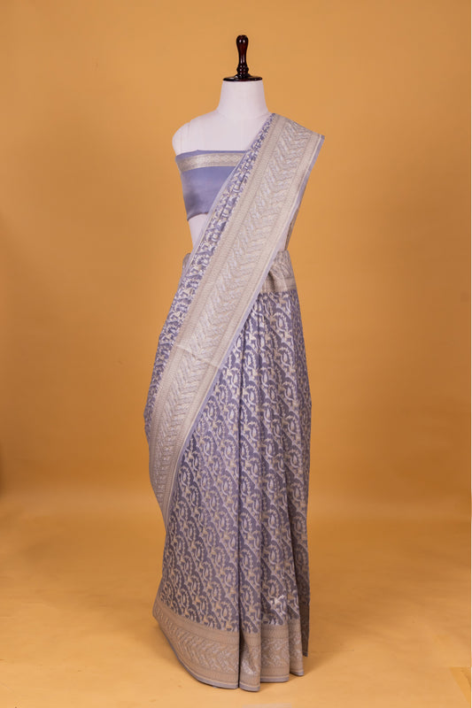 Slate Blue Banarasi Cotton Cutwork Saree