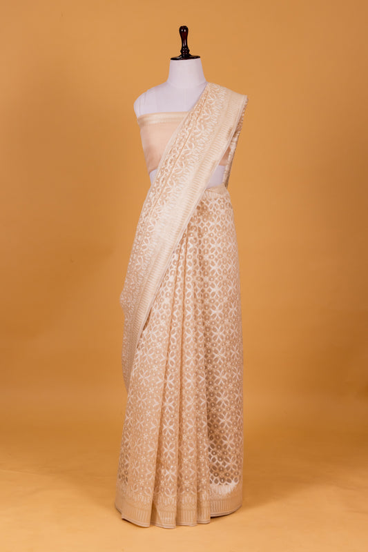 Beige Banarasi Cotton Cutwork Saree