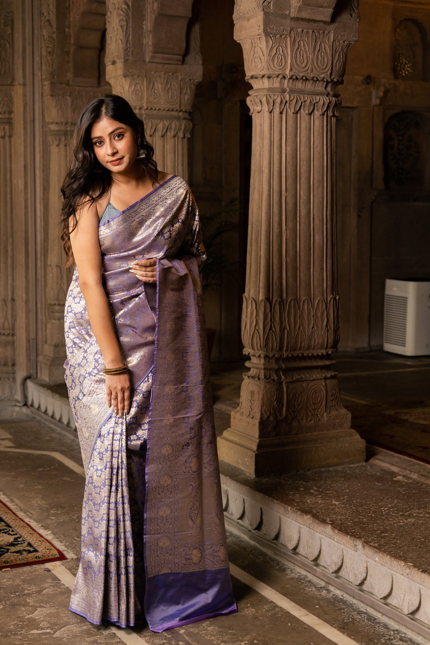 Lavender Handwoven Brocade Katan Silk Saree - Panaya