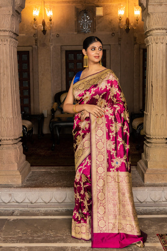 Rani Pink Handwoven Kadwa Katan Silk Saree - Panaya