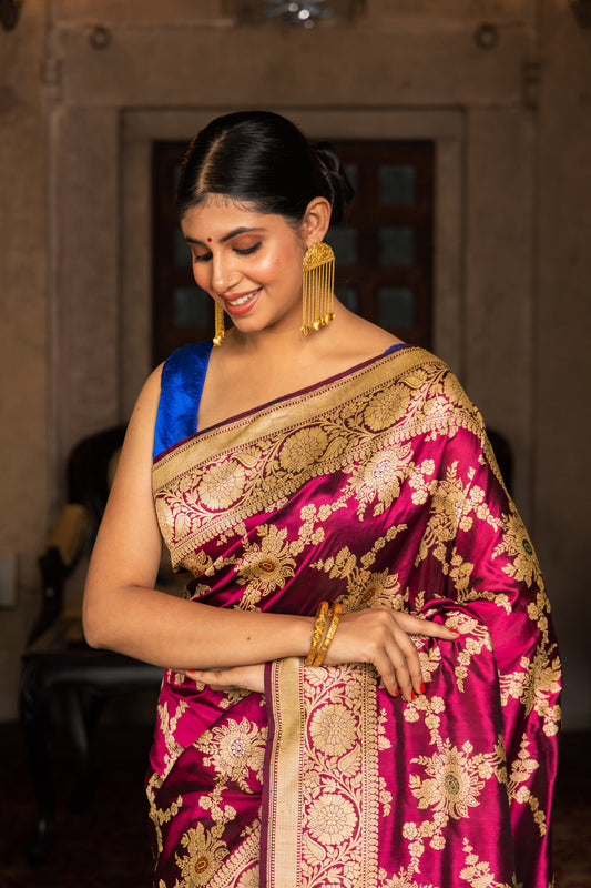 Rani Pink Handwoven Kadwa Katan Silk Saree - Panaya