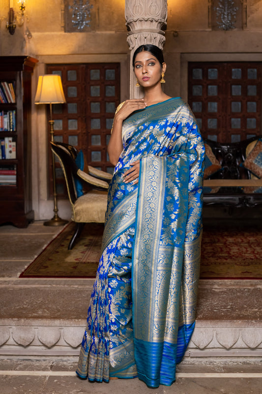 Turquoise Blue Handwoven Cutwork Katan Silk Saree - Panaya