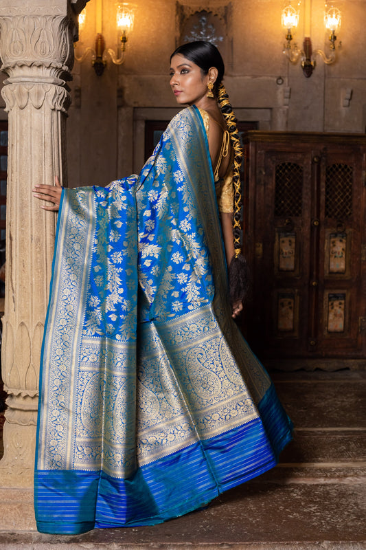 Turquoise Blue Handwoven Cutwork Katan Silk Saree - Panaya