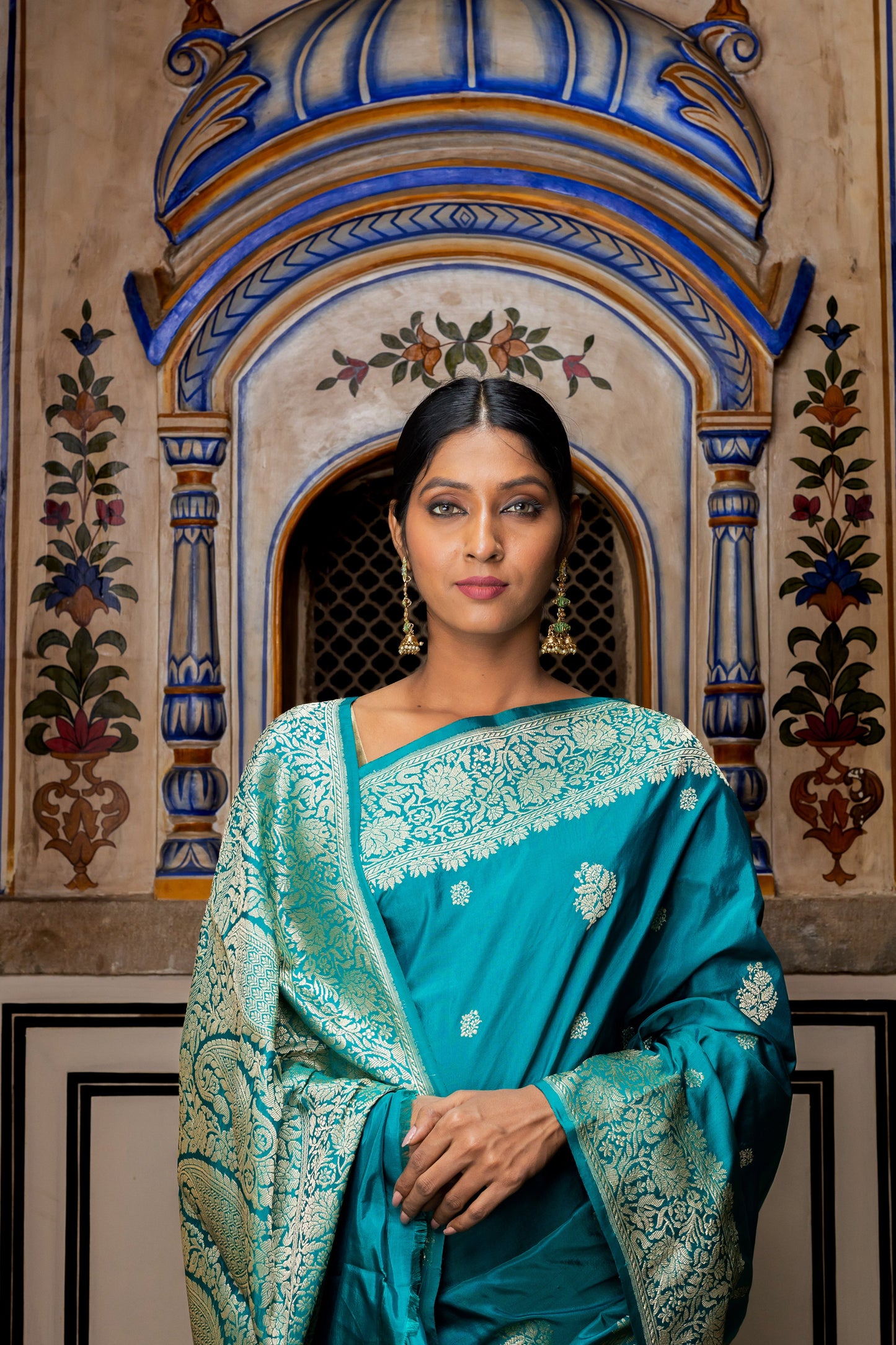 Teal Handwoven Kadwa Katan Silk Saree - Panaya