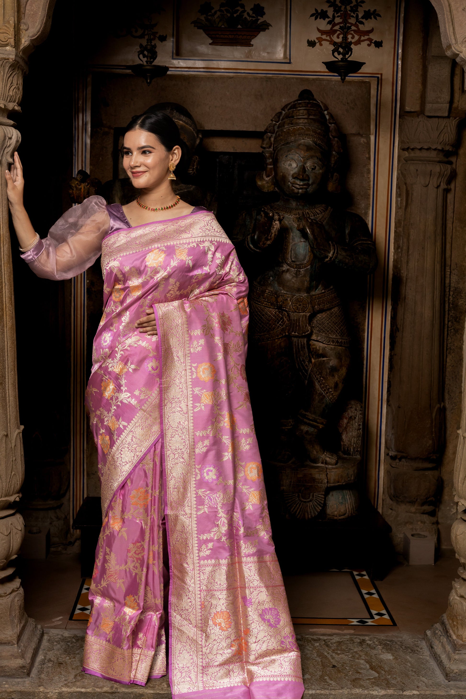 Light Pink Handwoven Kadwa Katan Pure Silk Saree - Panaya