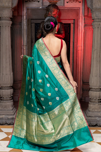 Green Handwoven Kadwa Katan Silk Saree - Panaya