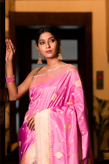 Pink Handwoven Kadwa Katan Pure Silk Saree - Panaya