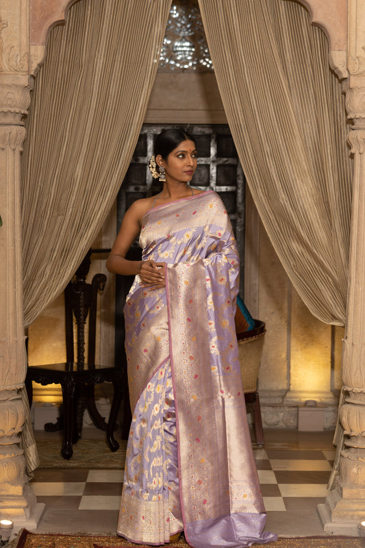 Lavender Katan Pure Silk Handwoven Saree - Panaya