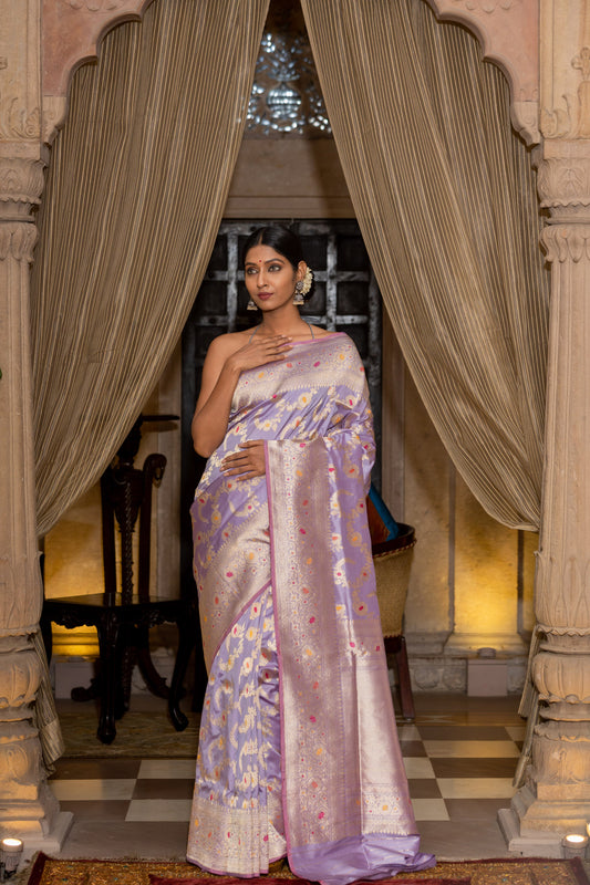 Lavender Katan Pure Silk Handwoven Saree - Panaya