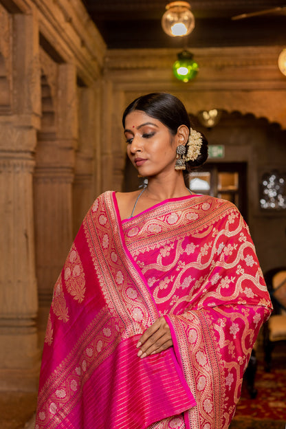 Pink Handwoven Kadwa Katan Silk Saree - Panaya