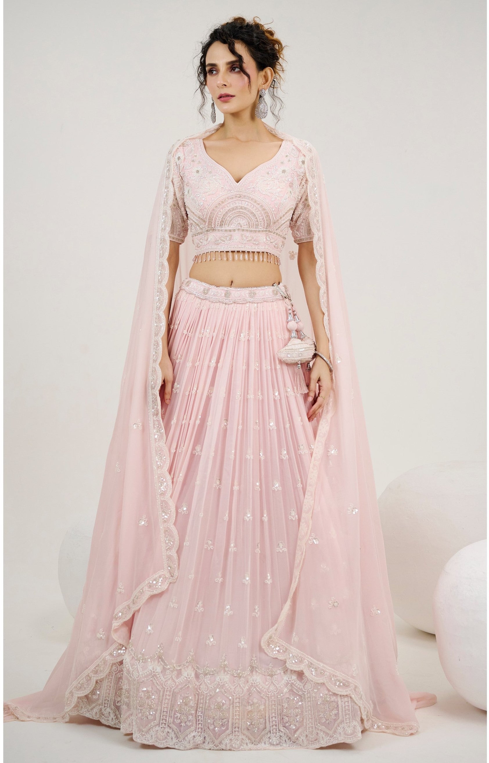 Pastel Pink Sequins and Thread Embroidery Reception Lehenga